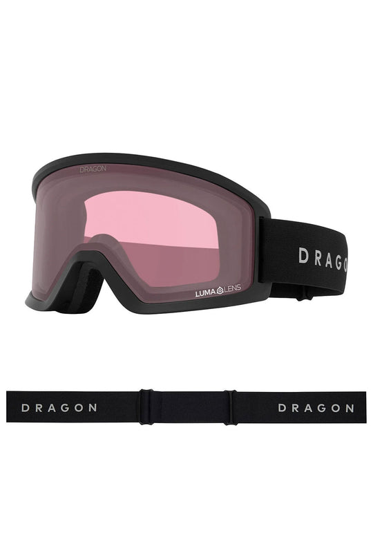 Dragon ski goggles with pink lens on a white background