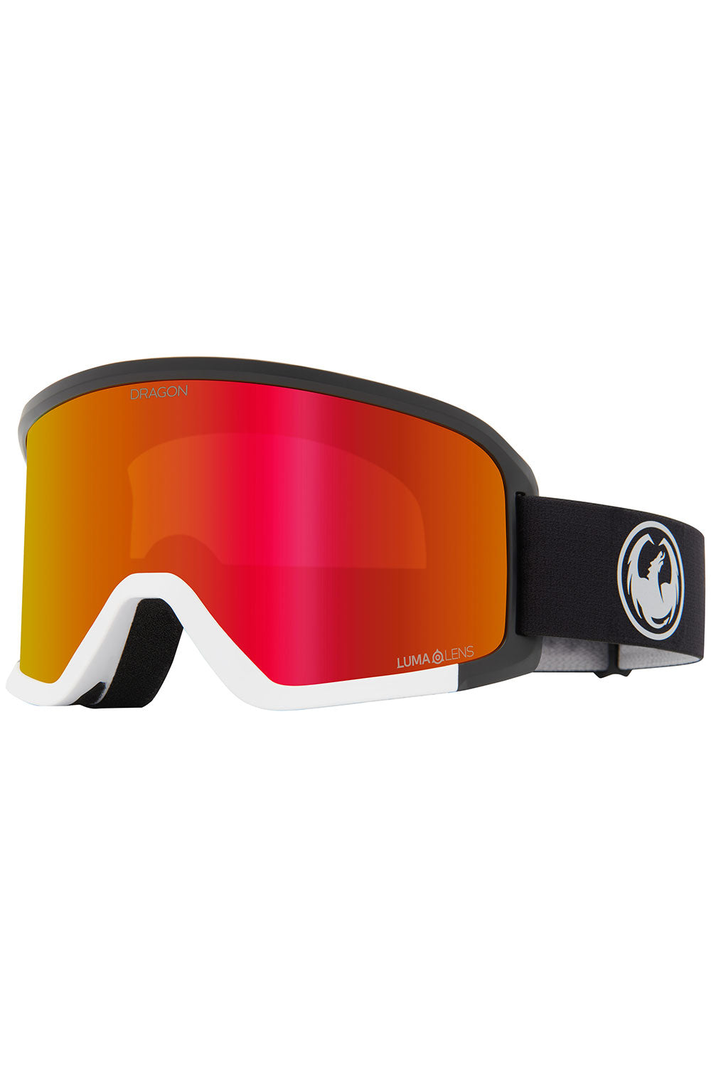 Red-lensed goggles with black frame and white logo on a white background