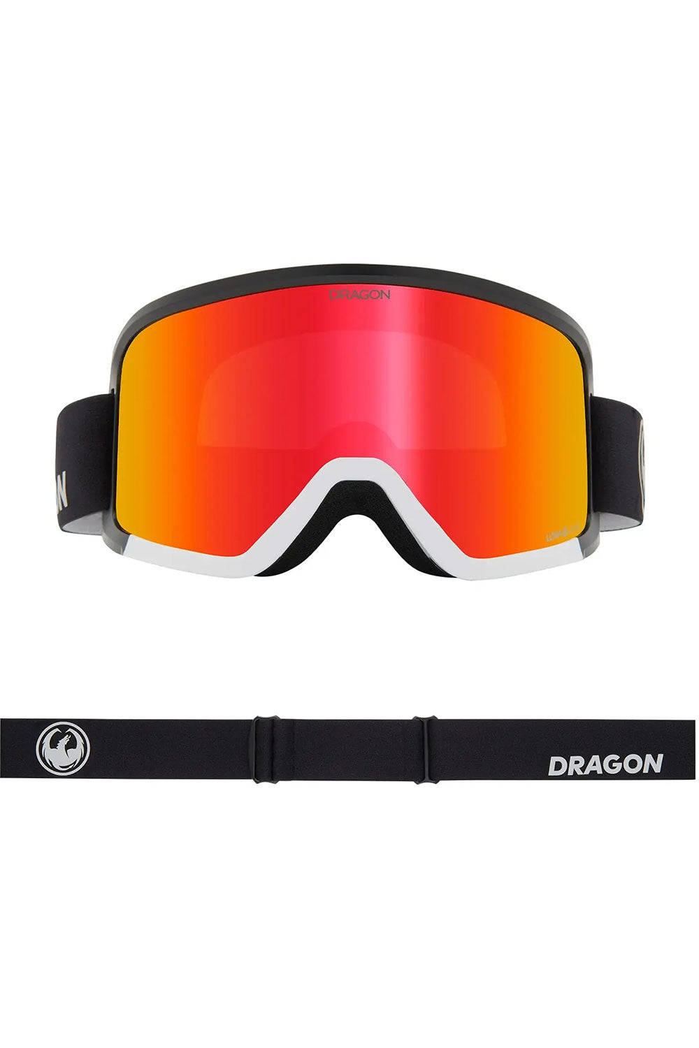 Dragon ski goggles with red lens and black frame on a white background