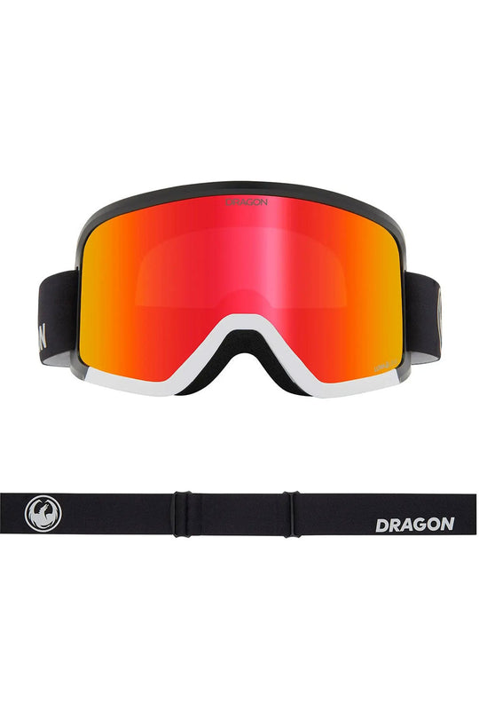 Dragon ski goggles with red lens and black frame on a white background