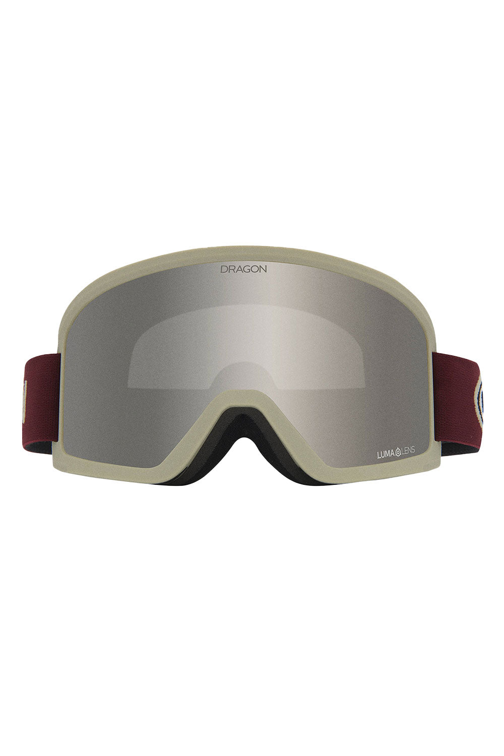 Ski goggles with a beige frame and red ear covers on a white background
