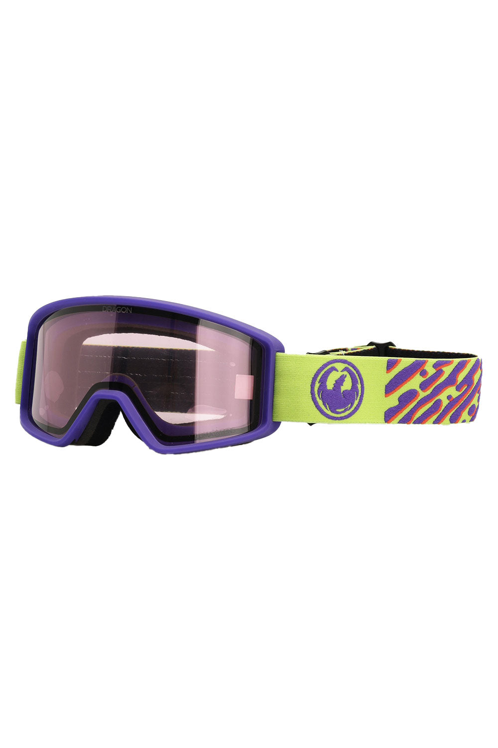 Goggles with purple frame and yellow strap on a white background