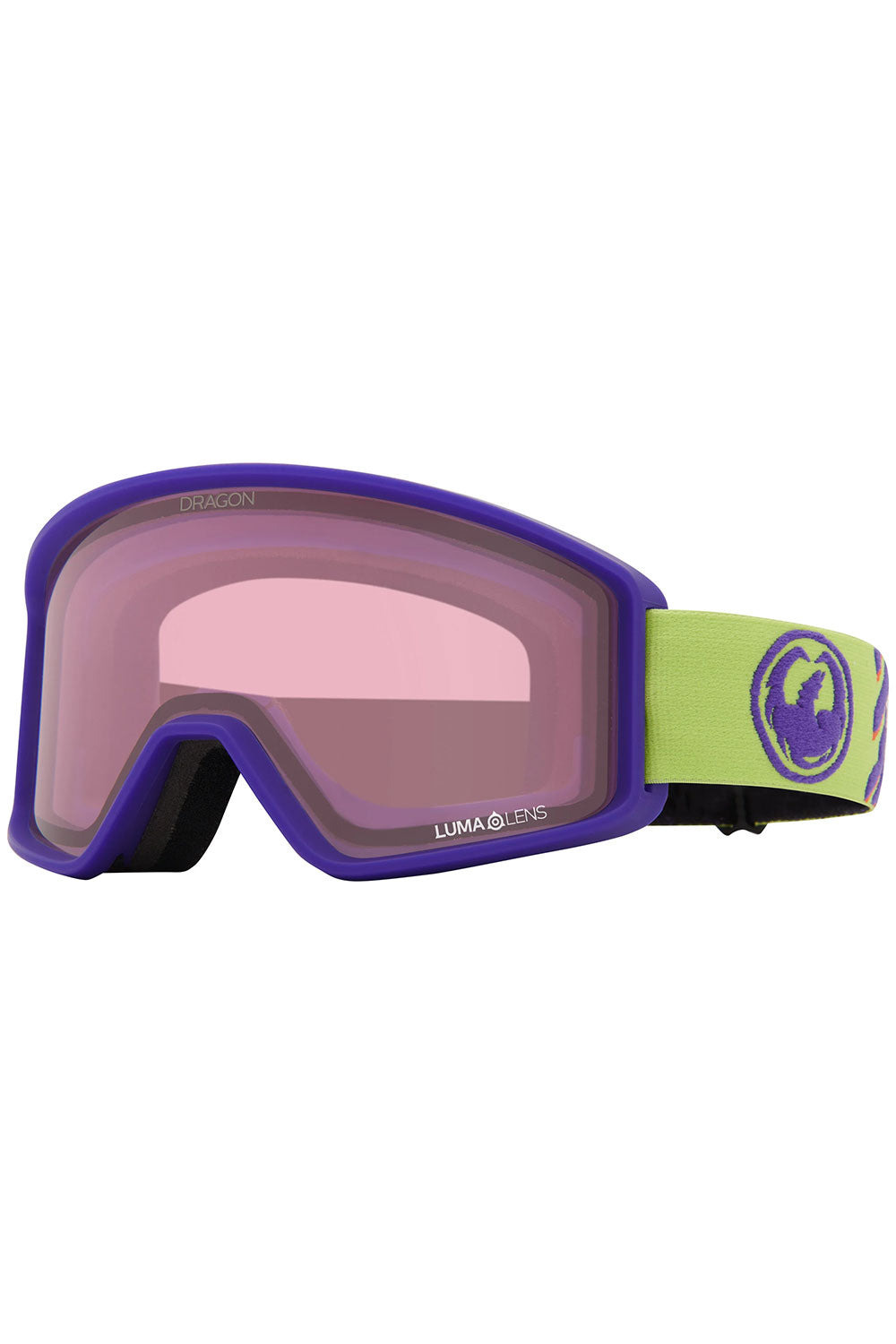 Purple goggles with pink lens on a white background
