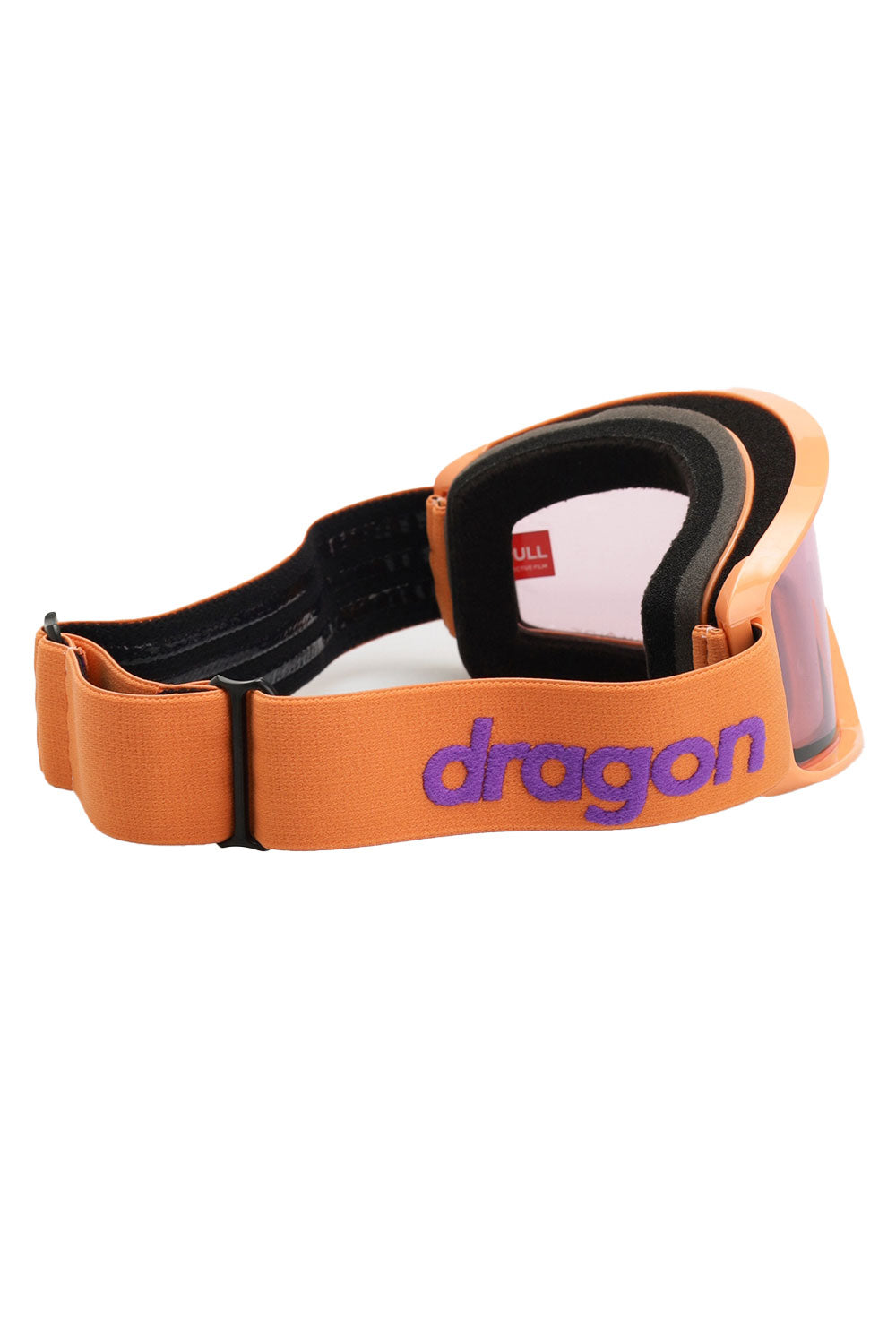 Orange goggles with black and purple accents on a white background, featuring the brand 'Dragon'.