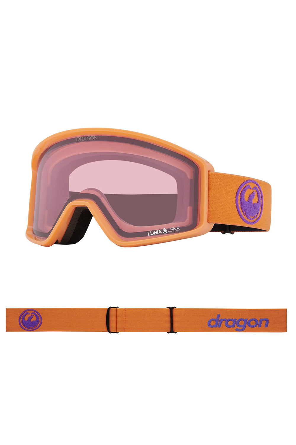 Orange goggles with a clear lens and purple logo on a white background