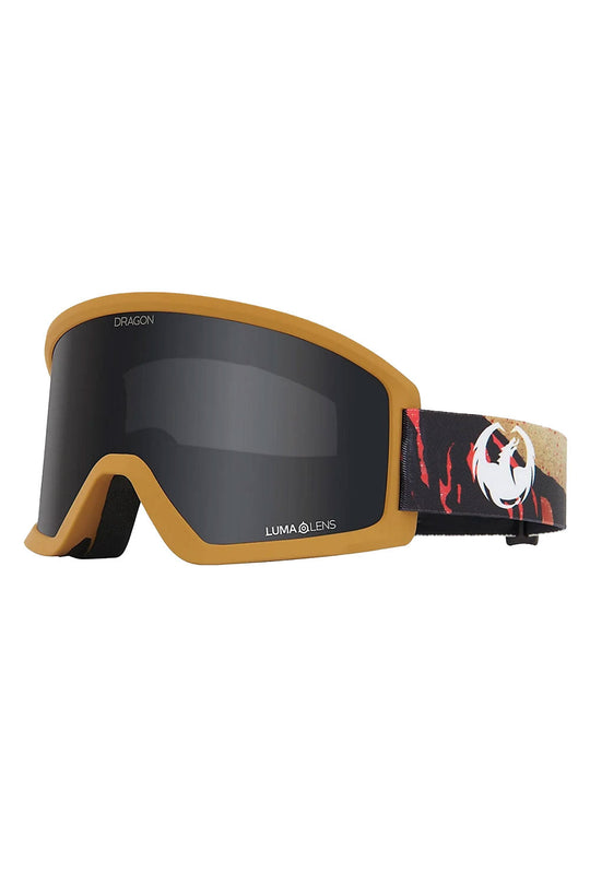 Dragon ski goggles with black lens and colorful strap on a white background