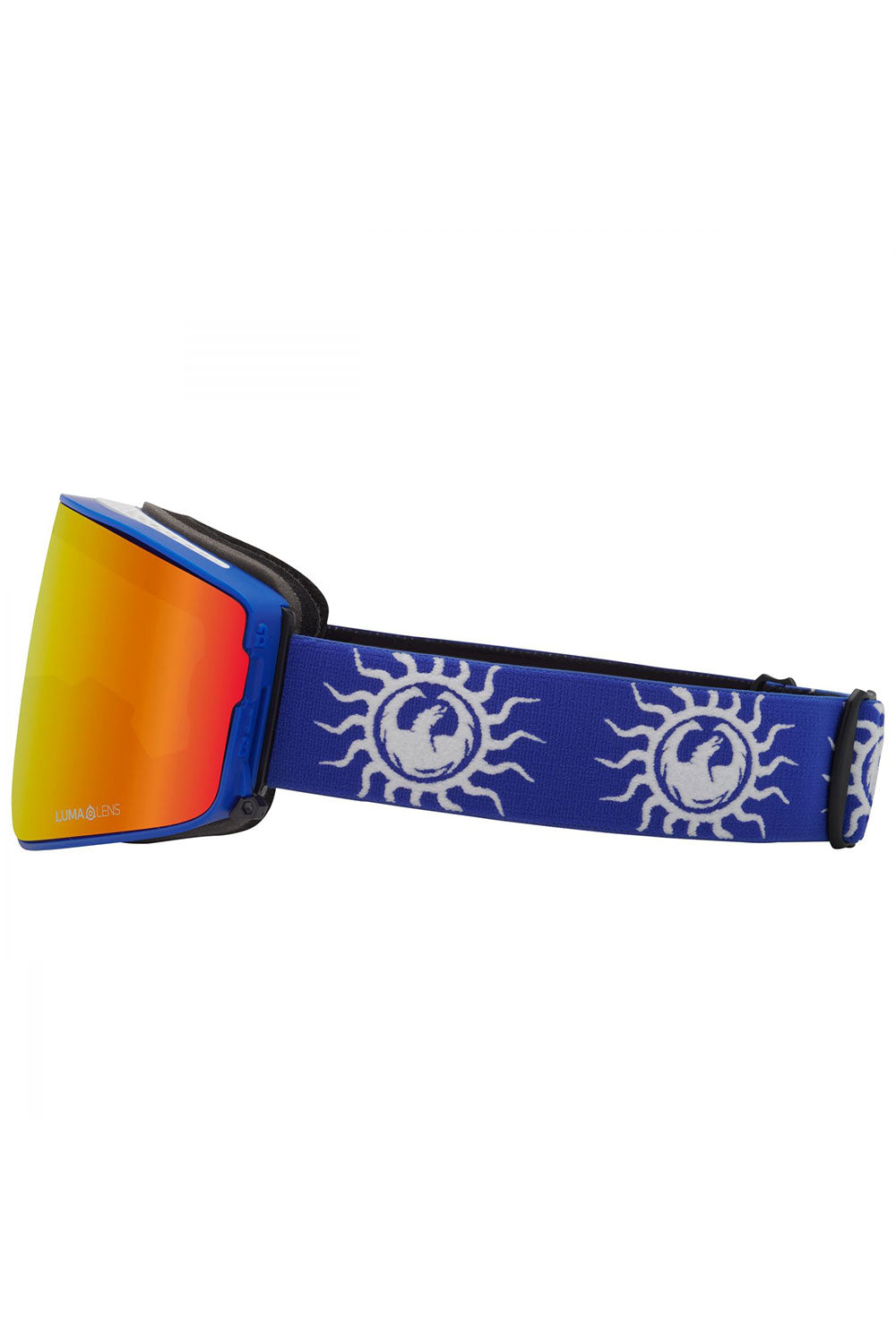 Goggles with blue strap featuring a logo on a white background