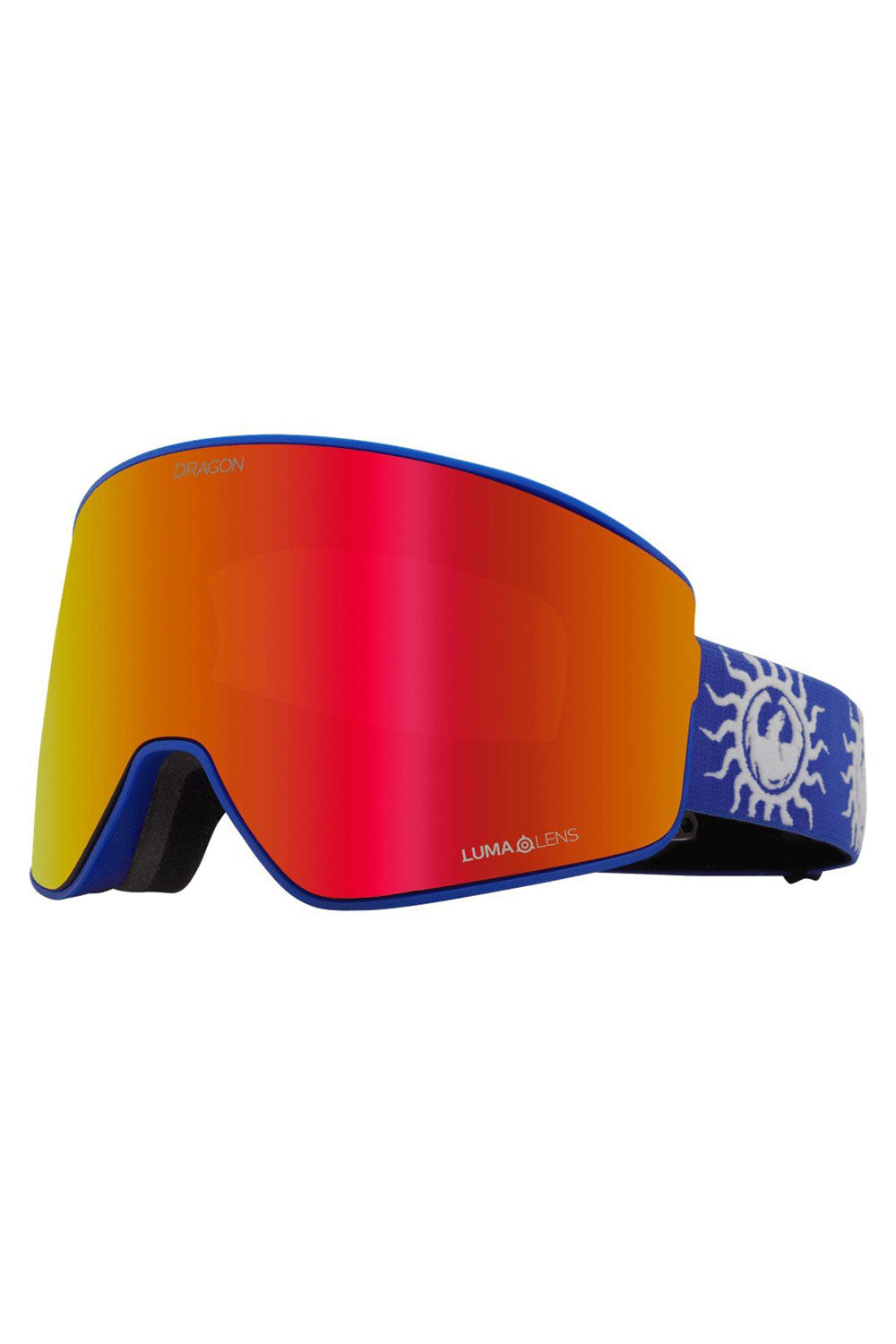 Ski goggles with red lens and blue frame on a white background