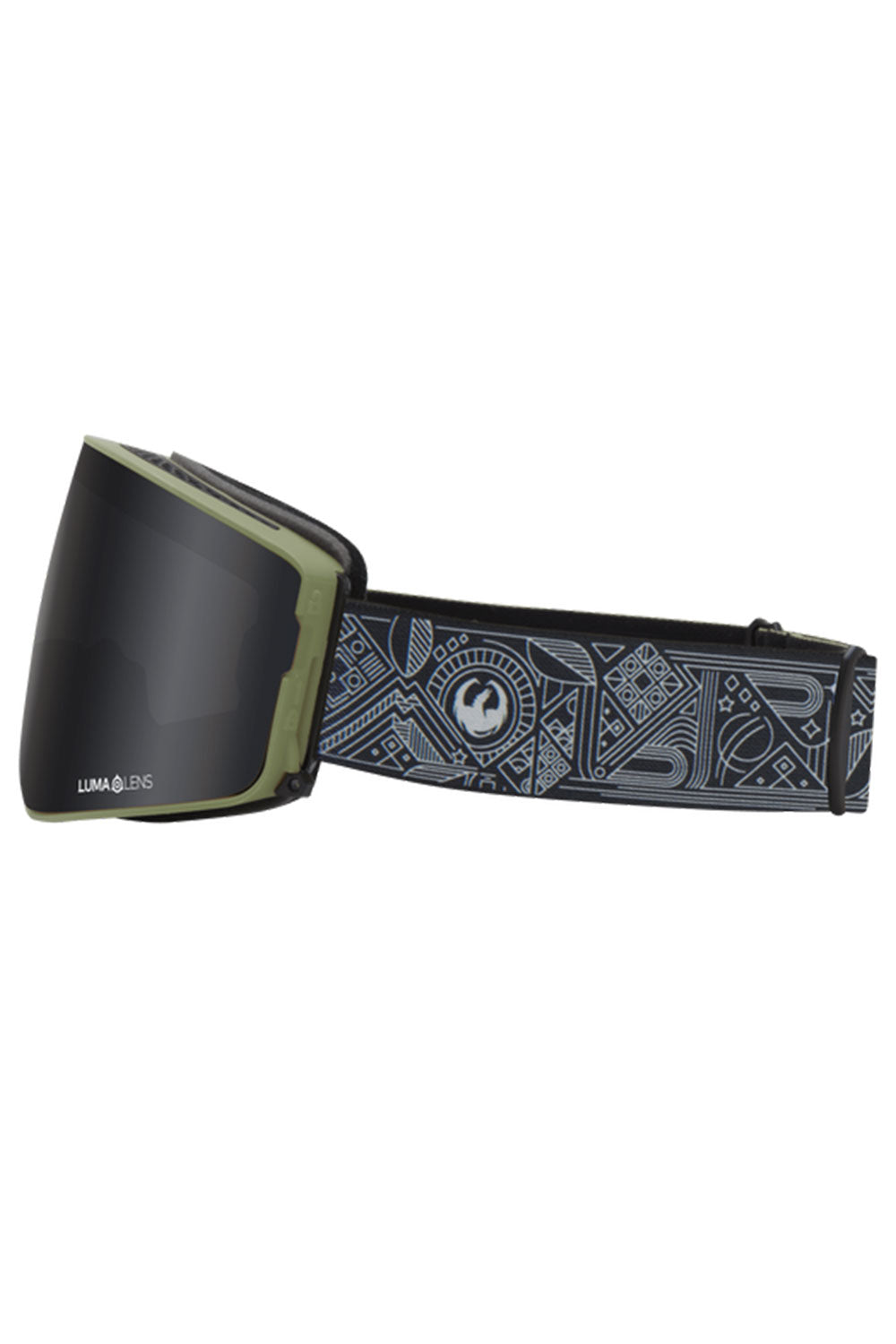 Black goggles with a patterned strap on a white background