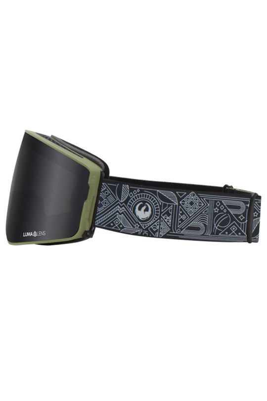 Black goggles with a patterned strap on a white background