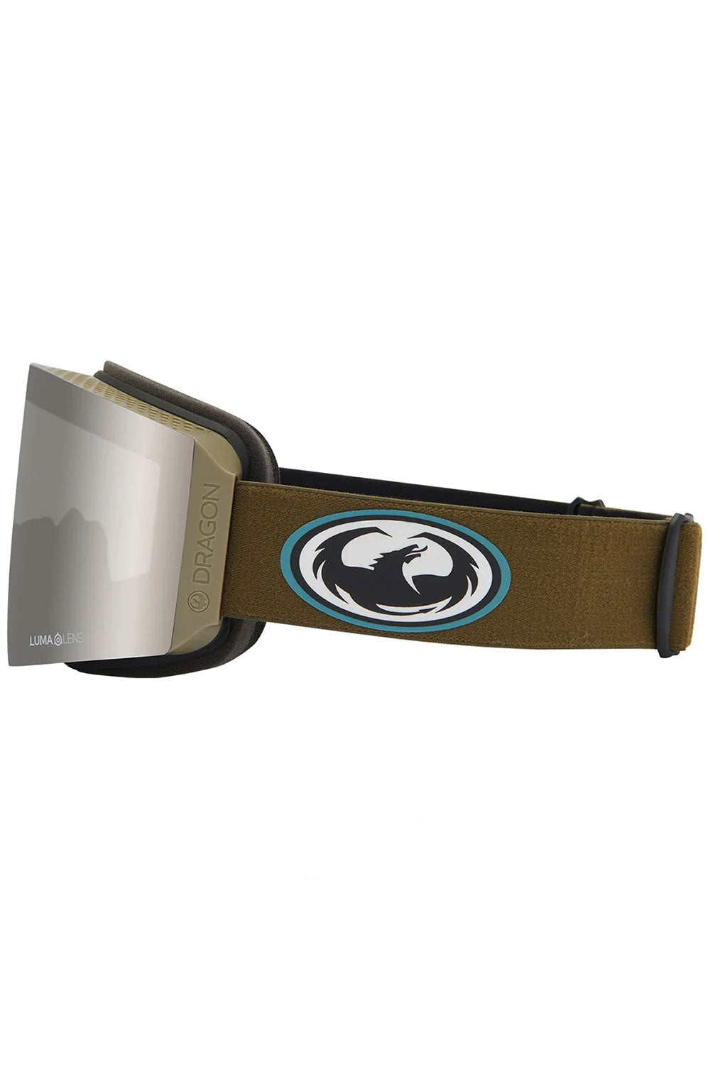 Goggle with a brown strap featuring a logo on a white background