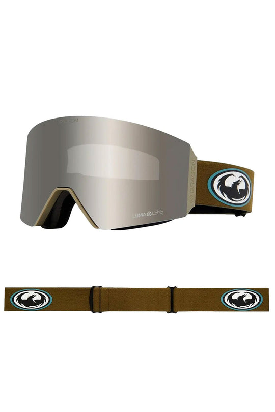 Silver goggles with a brown strap on a white background
