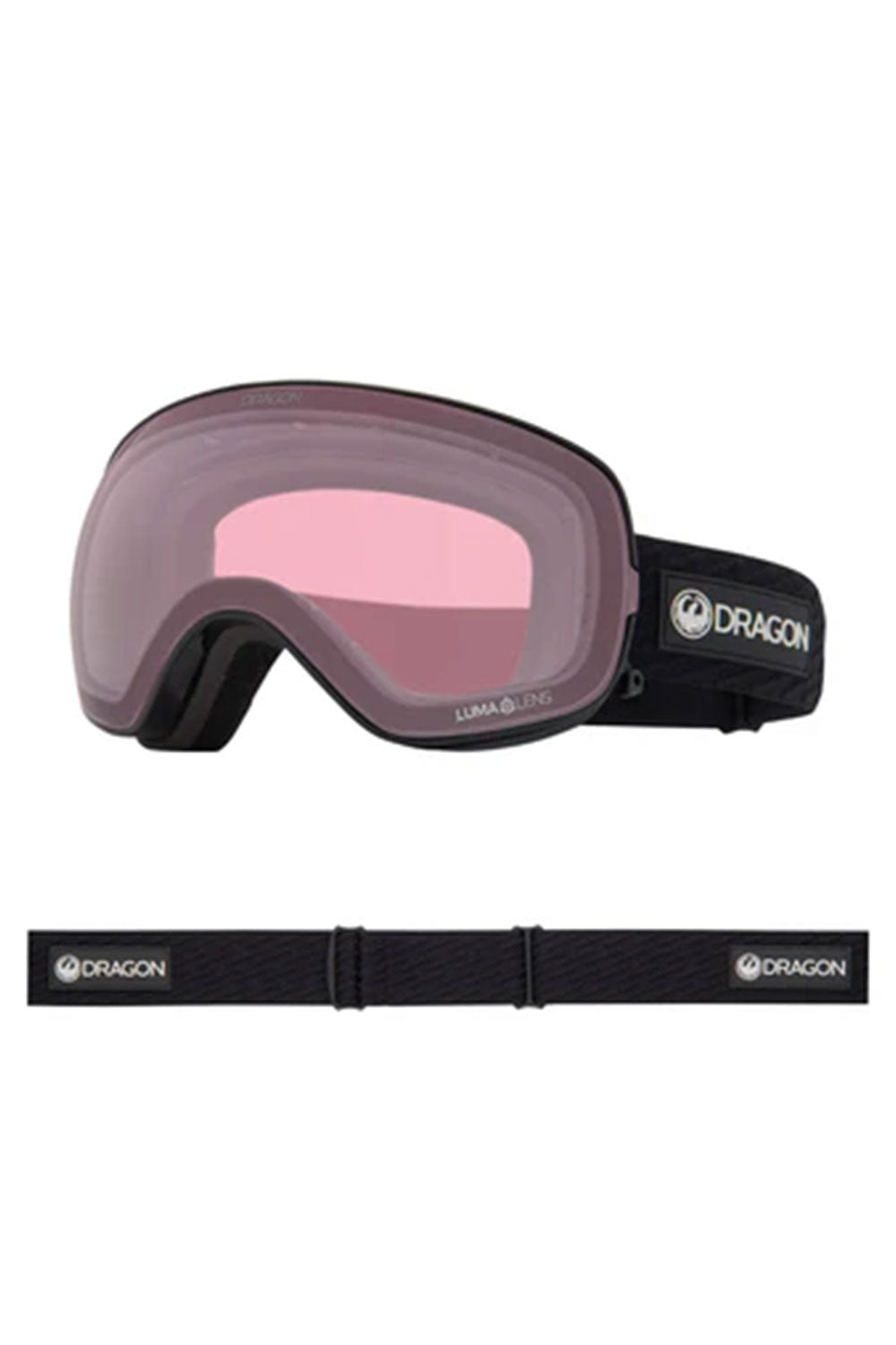 Dragon ski goggles with pink lens on a white background