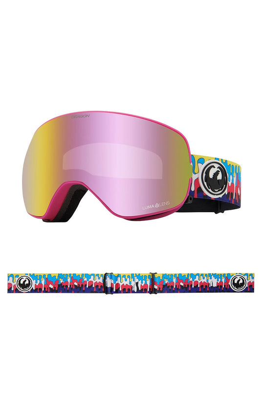 Pink ski goggles with colorful strap on a white background