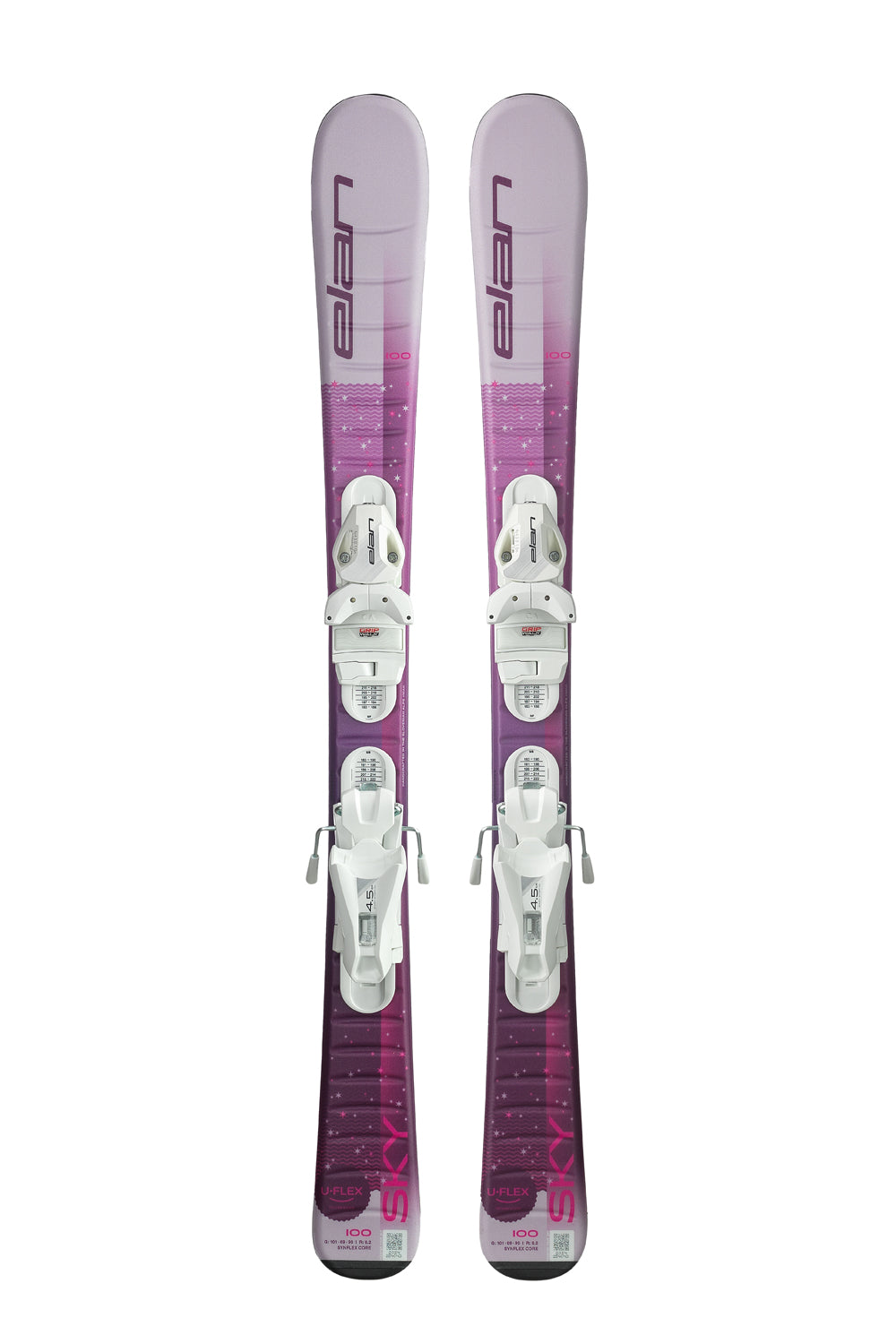 kids' Elan Sky skis, pink and purple with white bindings