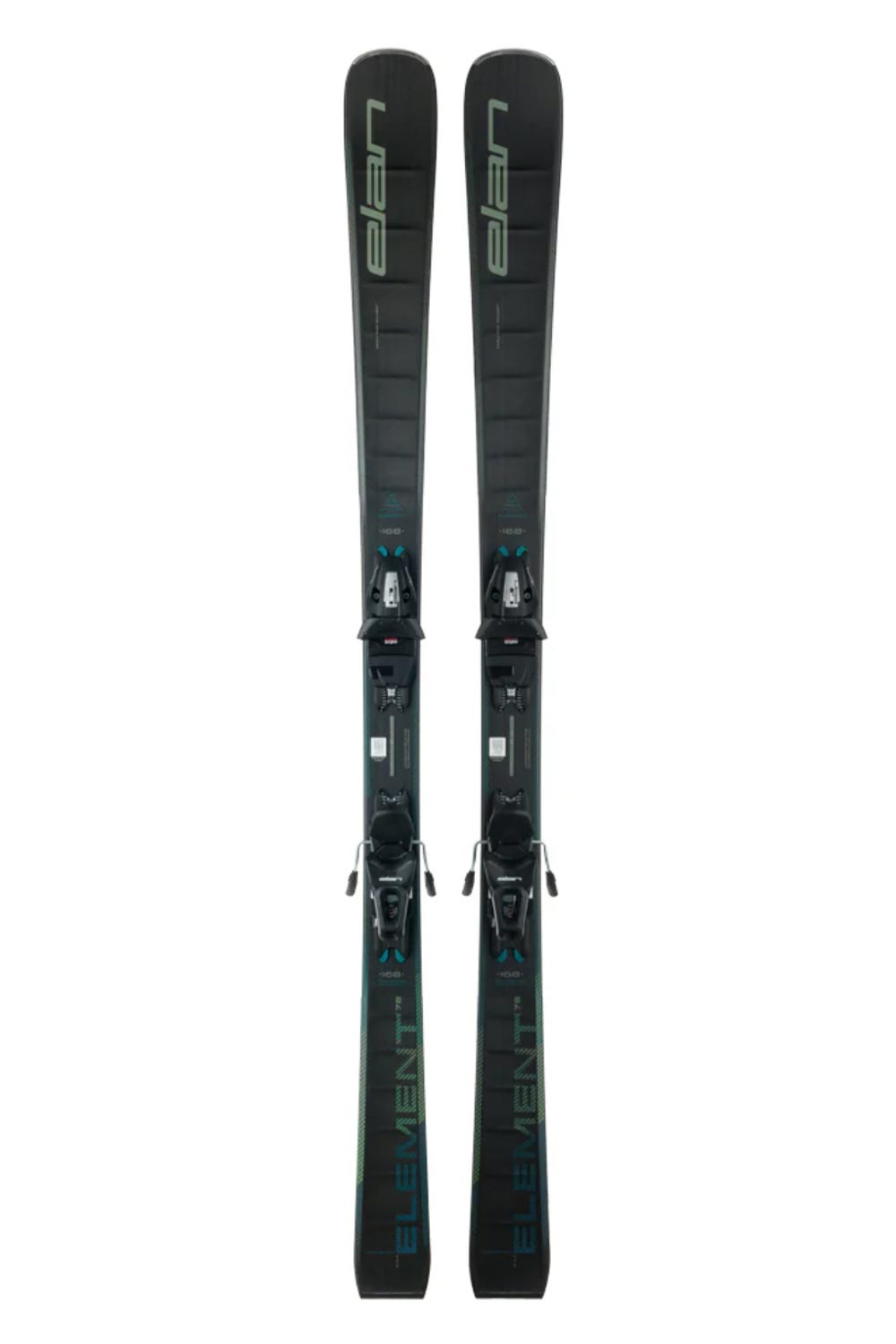 Elan Element skis with bindings.  Black skis and black bindings
