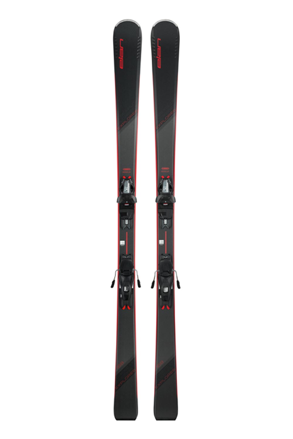 A pair of Elan Explore 6 Red LS System Skis with bindings, primarily black with red accents and a silver logo.