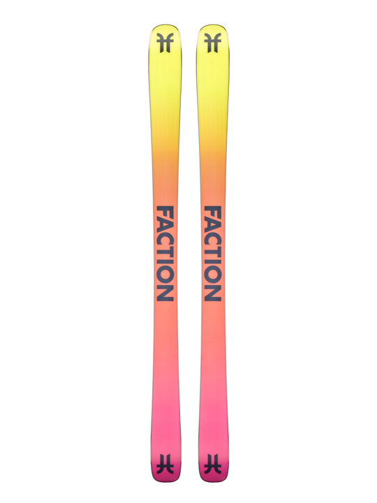 bottom of men's Faction Prodigy 0 skis, bright yellow, orange and pink