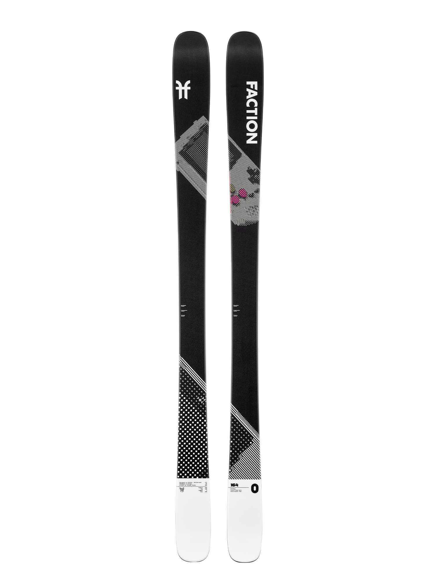 men's Faction Prodigy 0 skis, black with Gameboy design