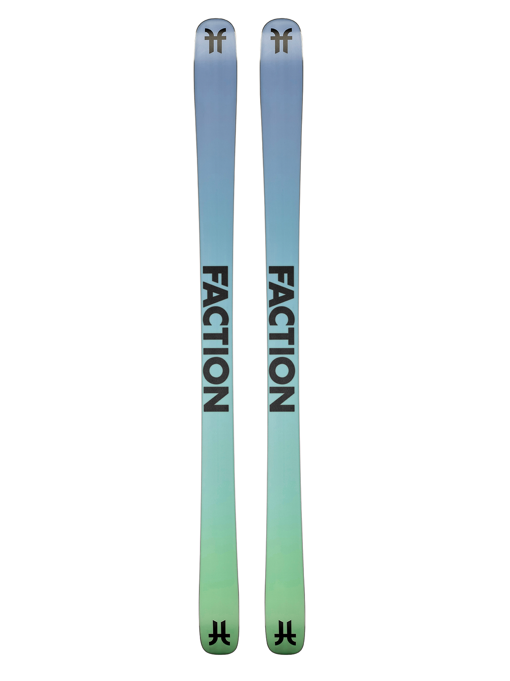 base of men's Faction Prodigy 1 skis, bright blue and green