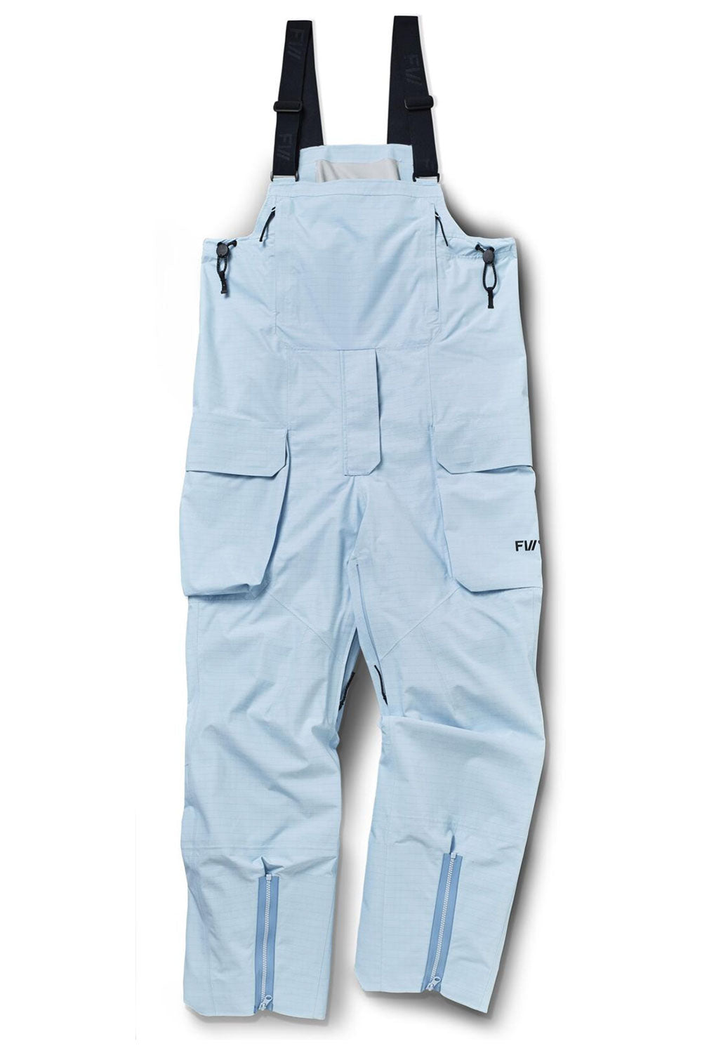 Light blue snow pants with black suspenders on a white background
