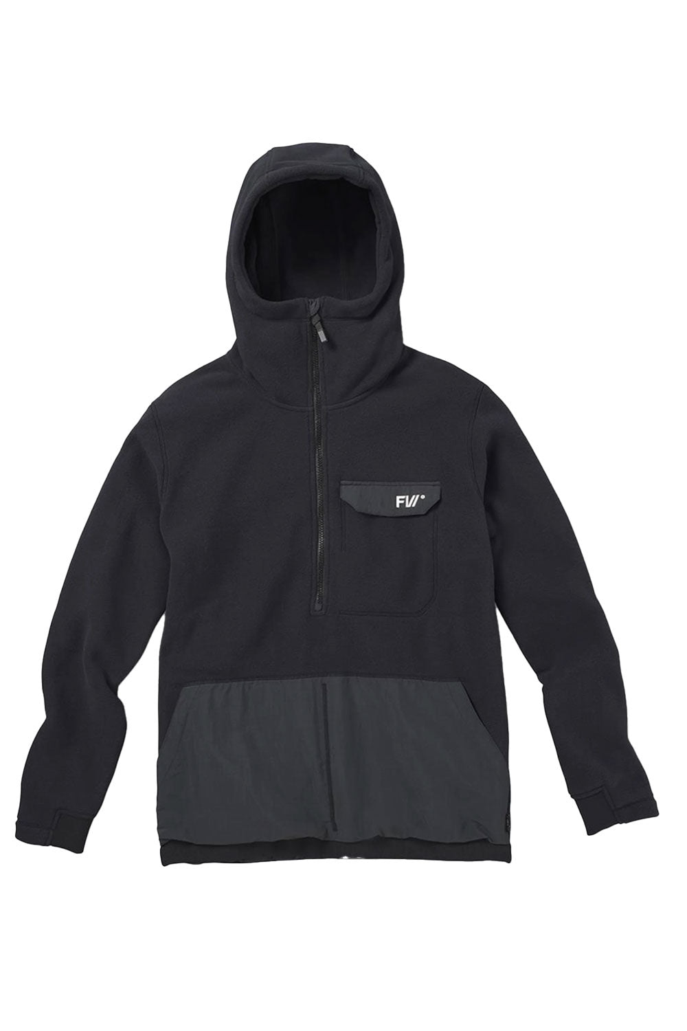 Black hoodie with a small logo on a white background