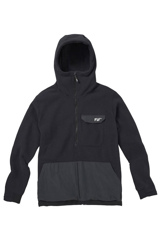 Black hoodie with a small logo on a white background