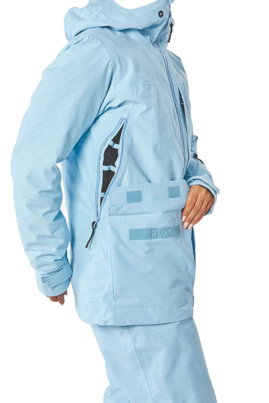person wearing light blue ski jacket
