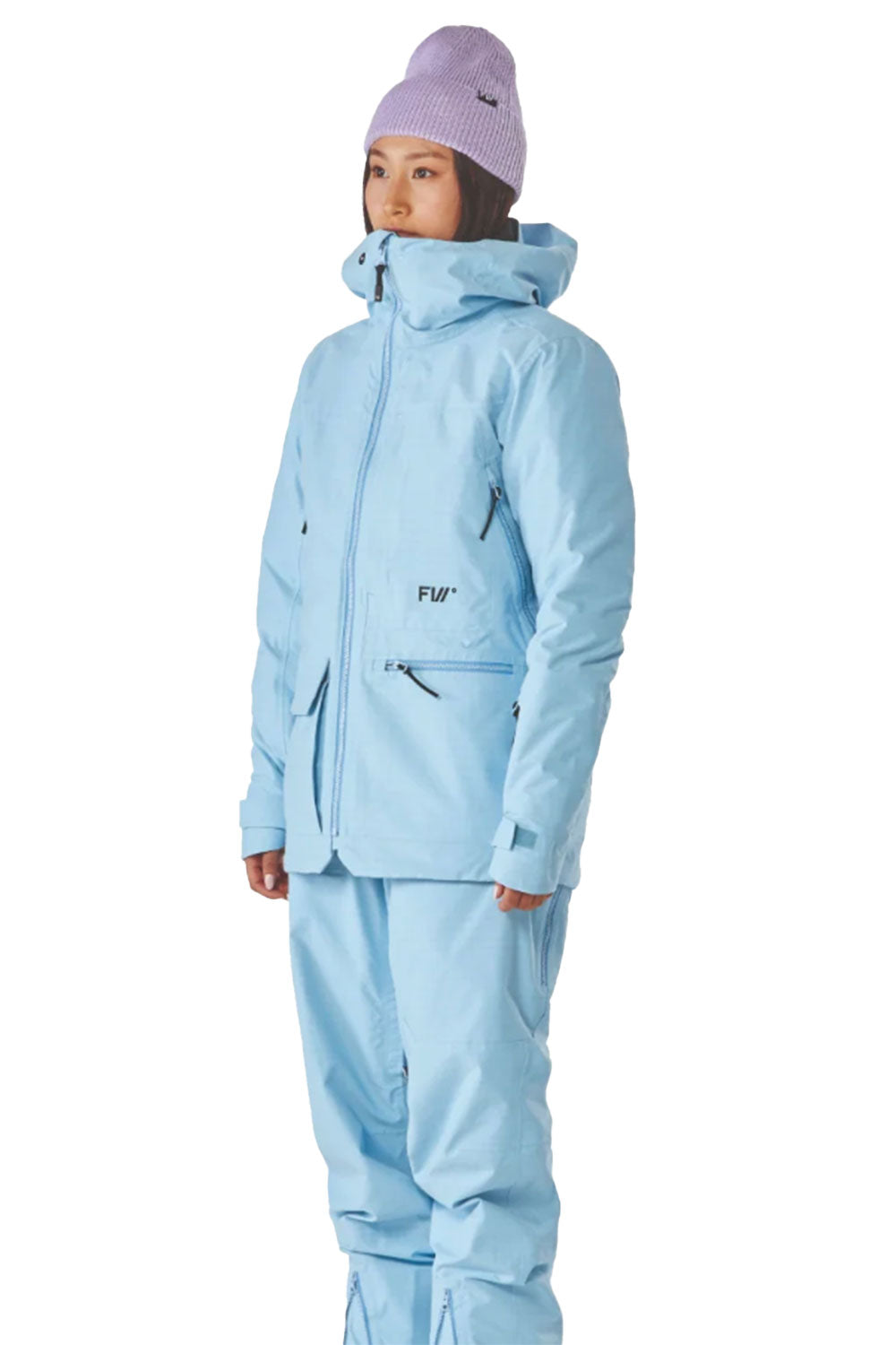 Person wearing a light blue snowsuit with a matching beanie on a white background