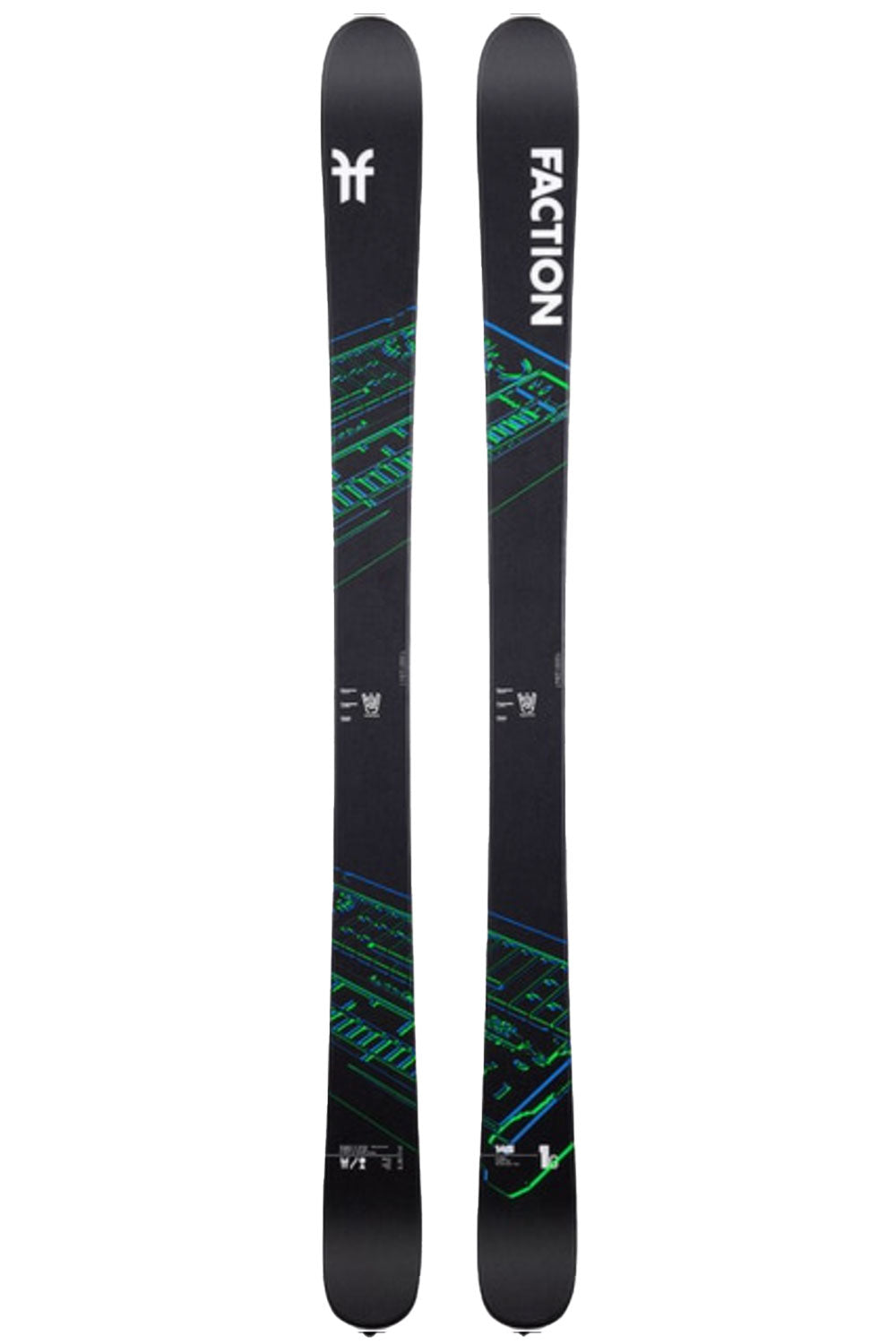 Two Faction skis on a white background