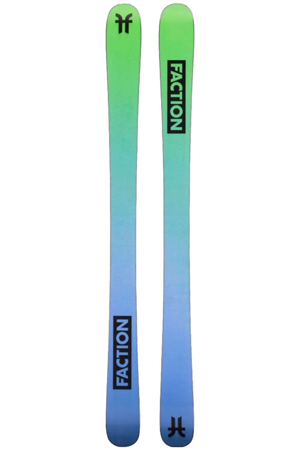 Two gradient green to blue Faction skis on a white background