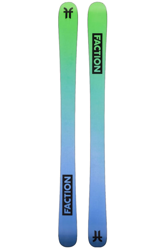 Two gradient green to blue Faction skis on a white background