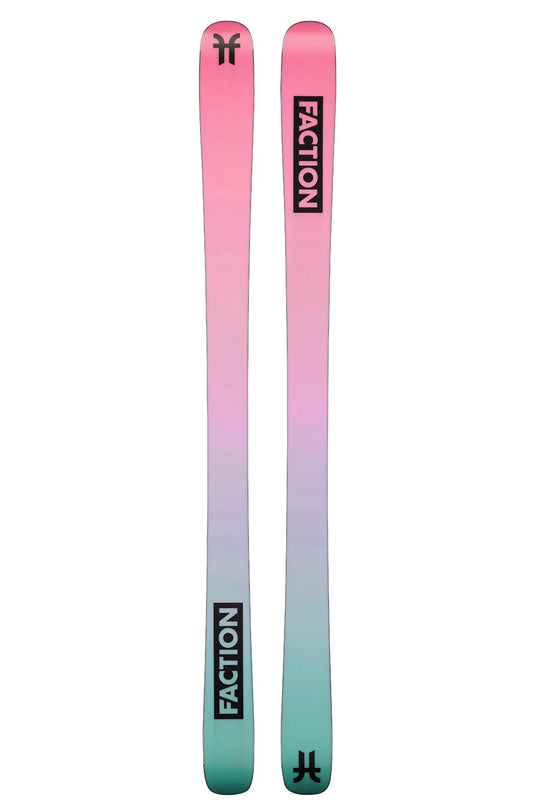 bottom of Faction Prodigy 1 women's skis, pink & blue