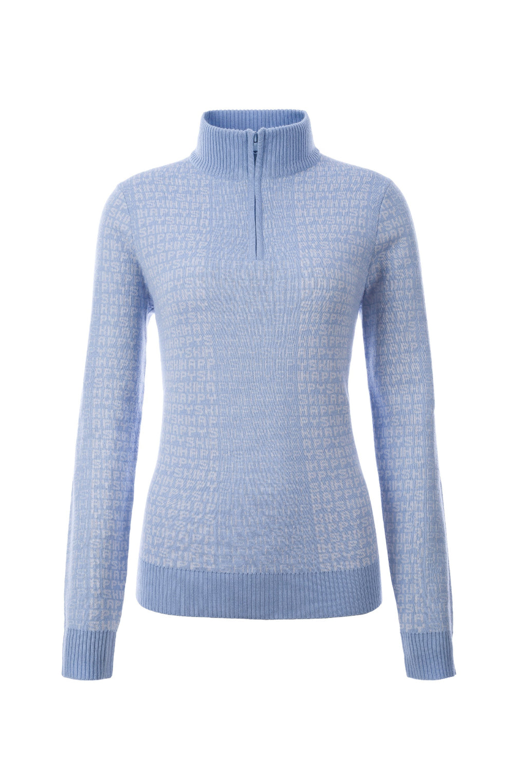 women's 1/2 zip sweater.  Cornflower blue with "Ski Happy" in white letters