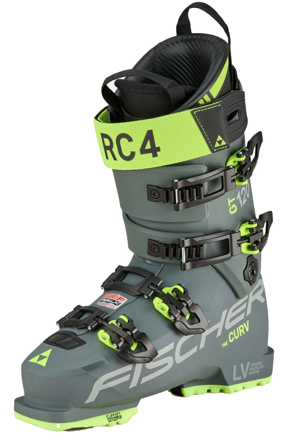Gray and green ski boot with 'Fischer' branding on a white background