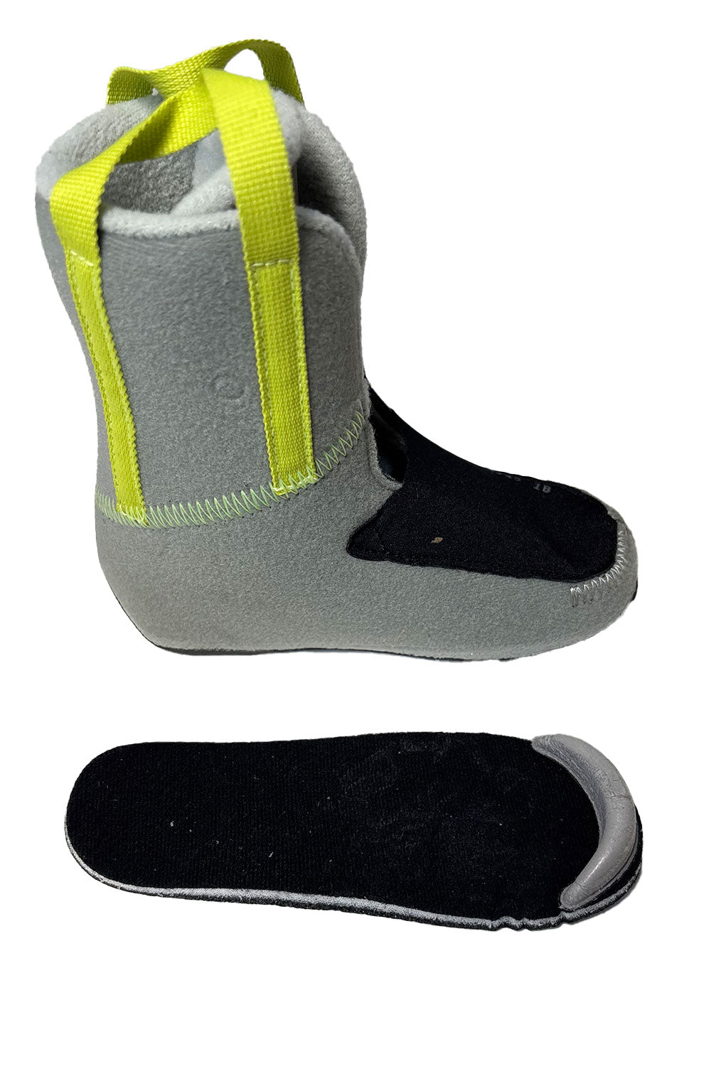 Gray boot with yellow trim and black insole on a white background