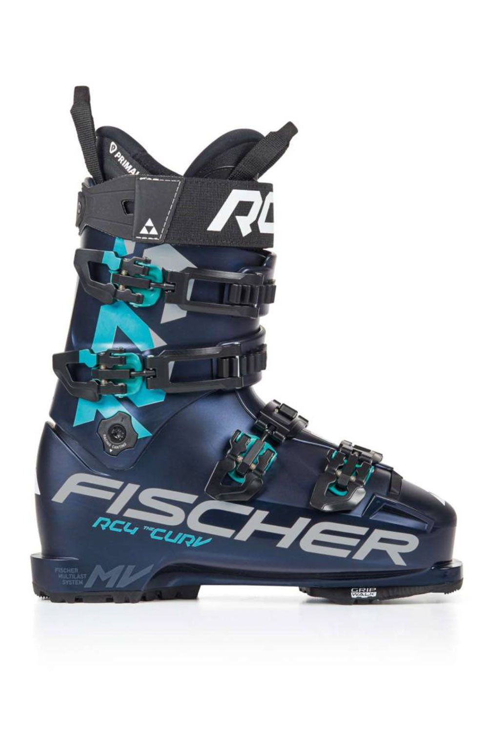 Blue and black Fischer ski boot on a white background