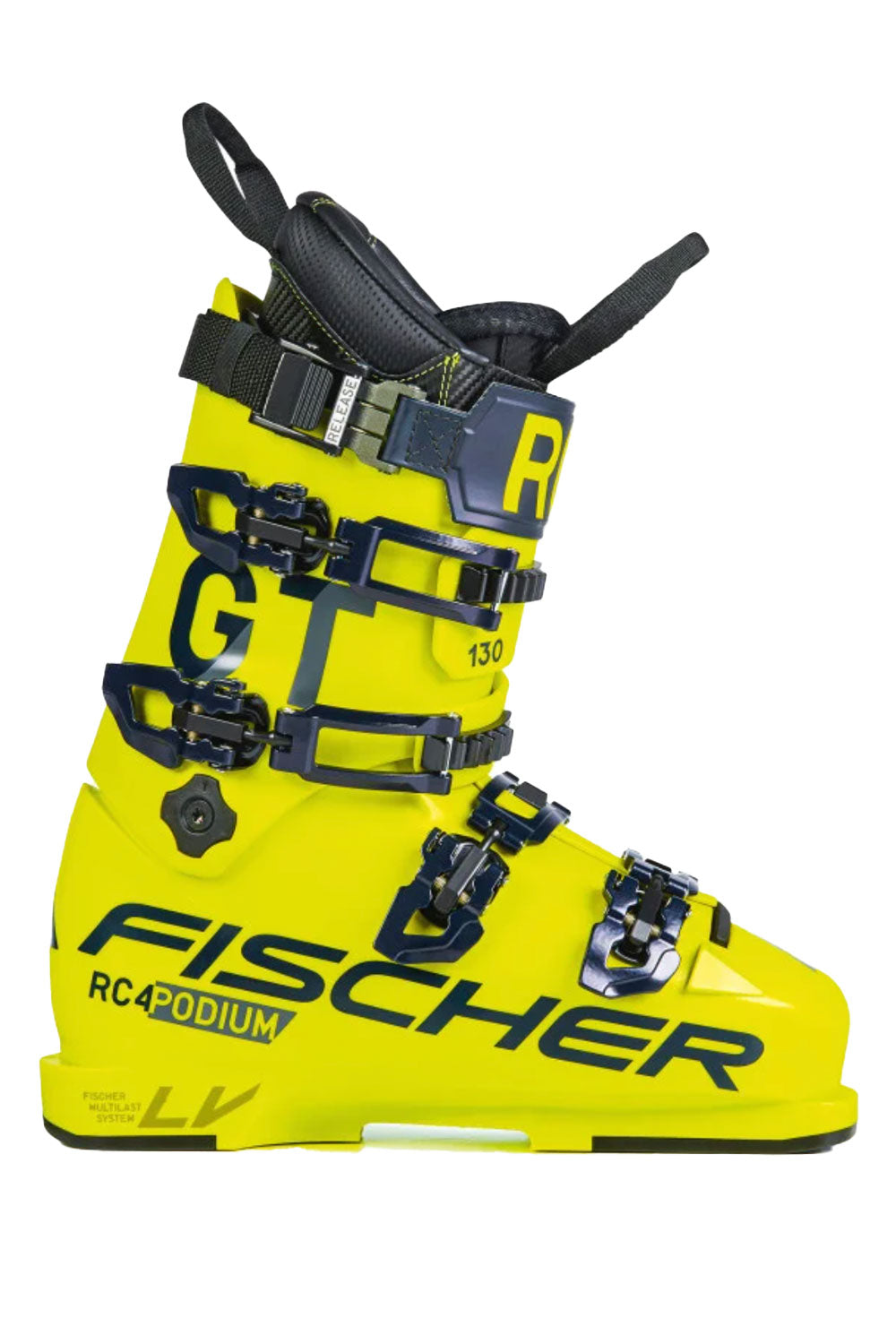 Yellow ski boot with black buckles on a white background, featuring the Fischer brand.