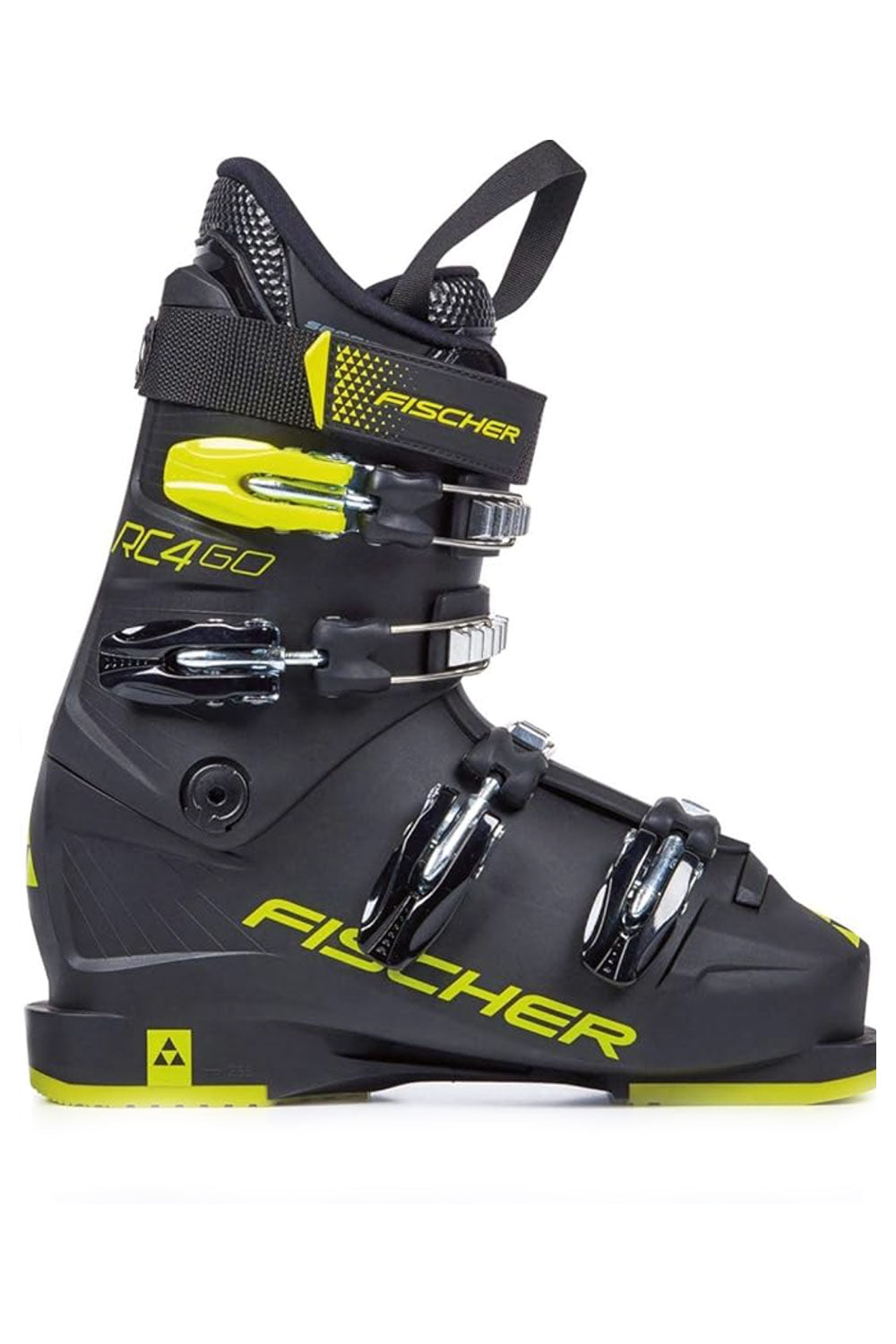Black and yellow Fischer ski boot on a white background