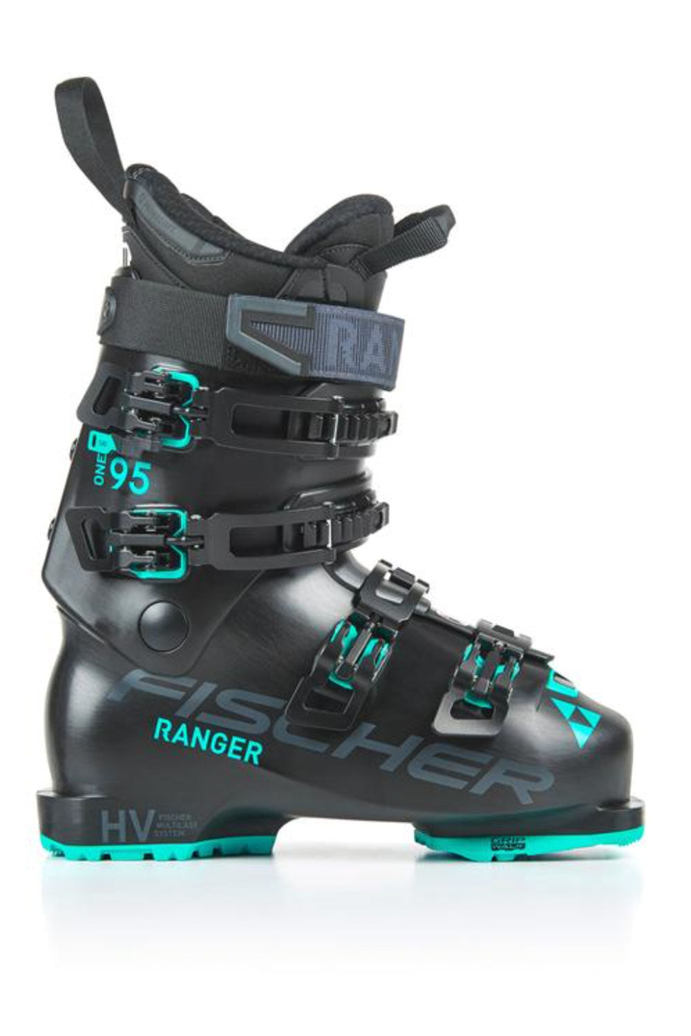 Black and teal Fischer ski boot on a white background