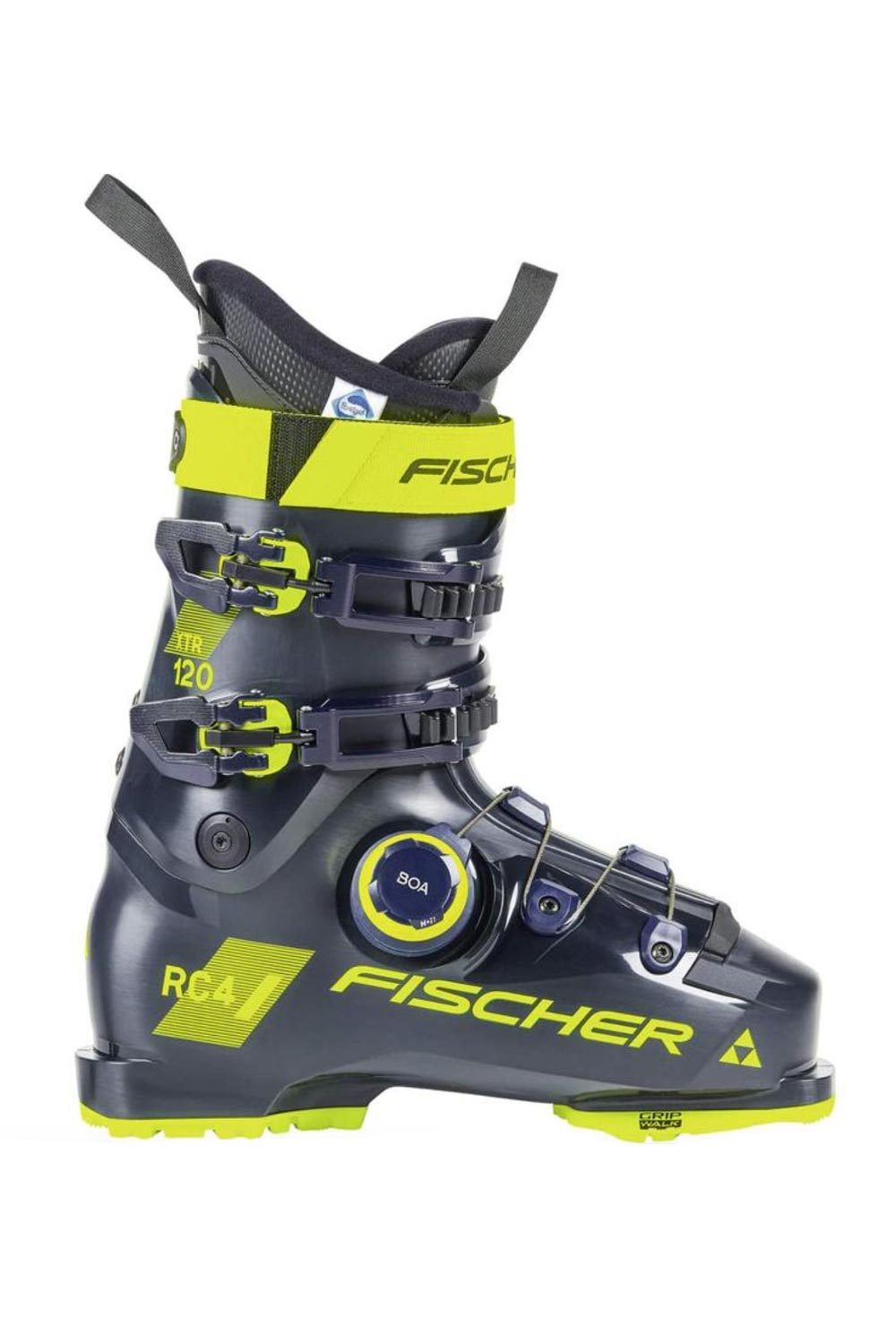 FISCHER XTR RC4 120 SKI BOOTS, DARK BLUE WITH YELLOW ACCENTS