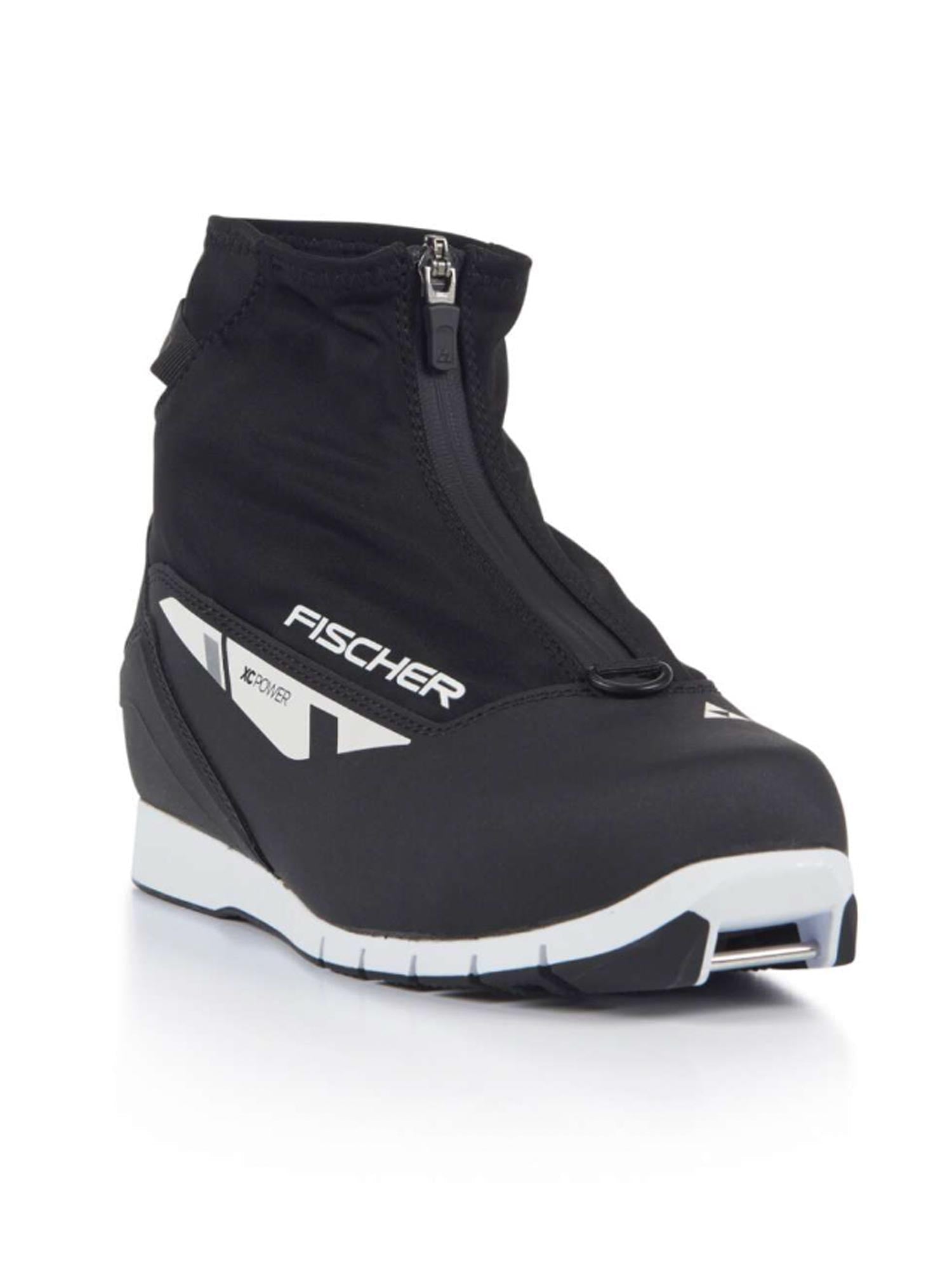 Black cross country ski boot with white sole on a white background