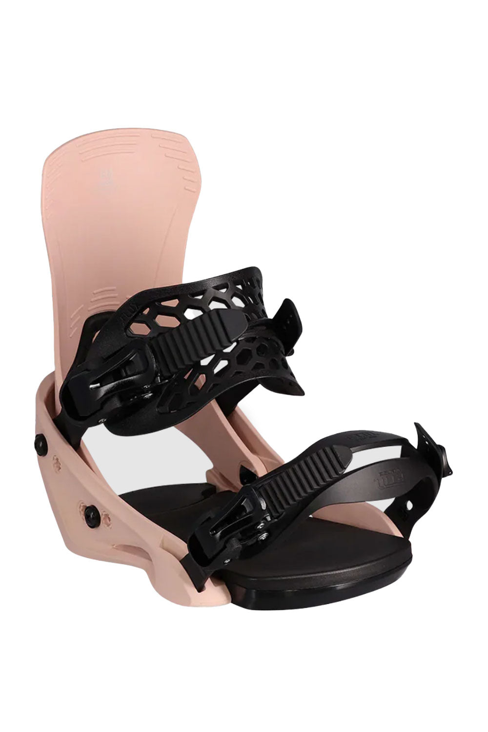 Pink snowboard bindings with black straps on a white background
