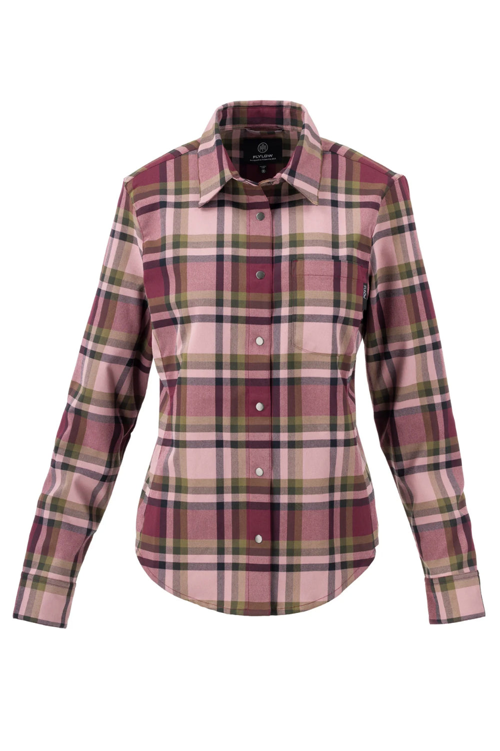 women's Flylow Brigitte flannel shirt, dark pink and light pink plaid