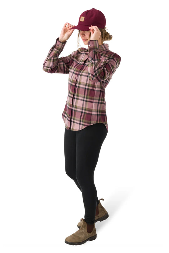 women's Flylow Brigitte flannel shirt, dark pink and light pink plaid