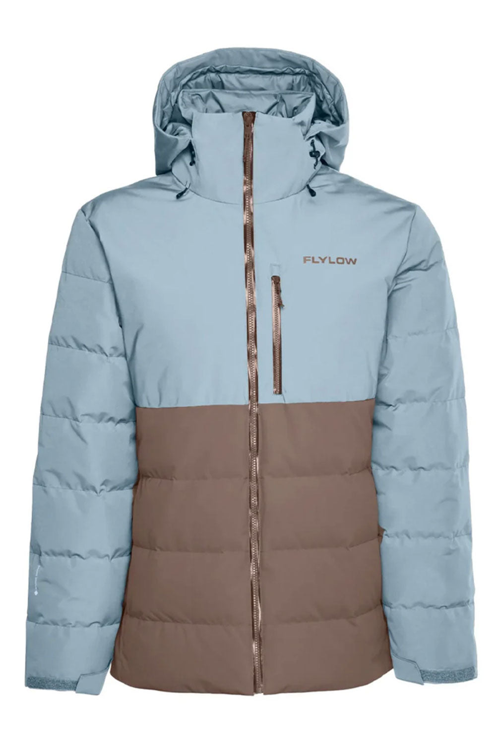 Two-tone blue and brown puffer jacket with 'Flylow' branding on a white background