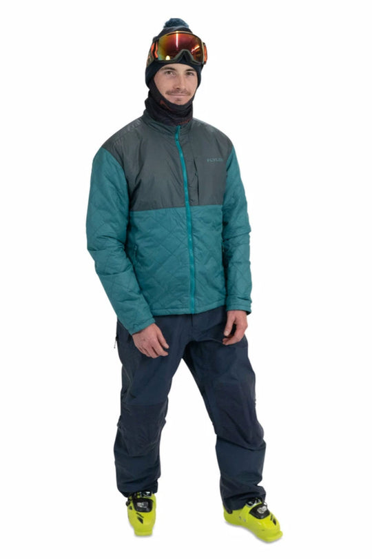 person wearing a zip up jacket, teal and grey