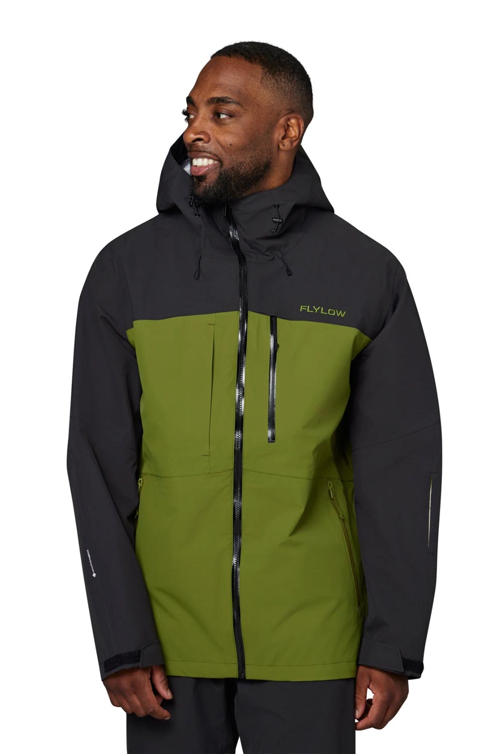 men's Flylow Quantum Pro ski jacket, black and moss green