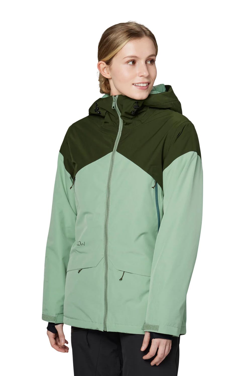 Flylow Sarah ski jacket, dark green and light green