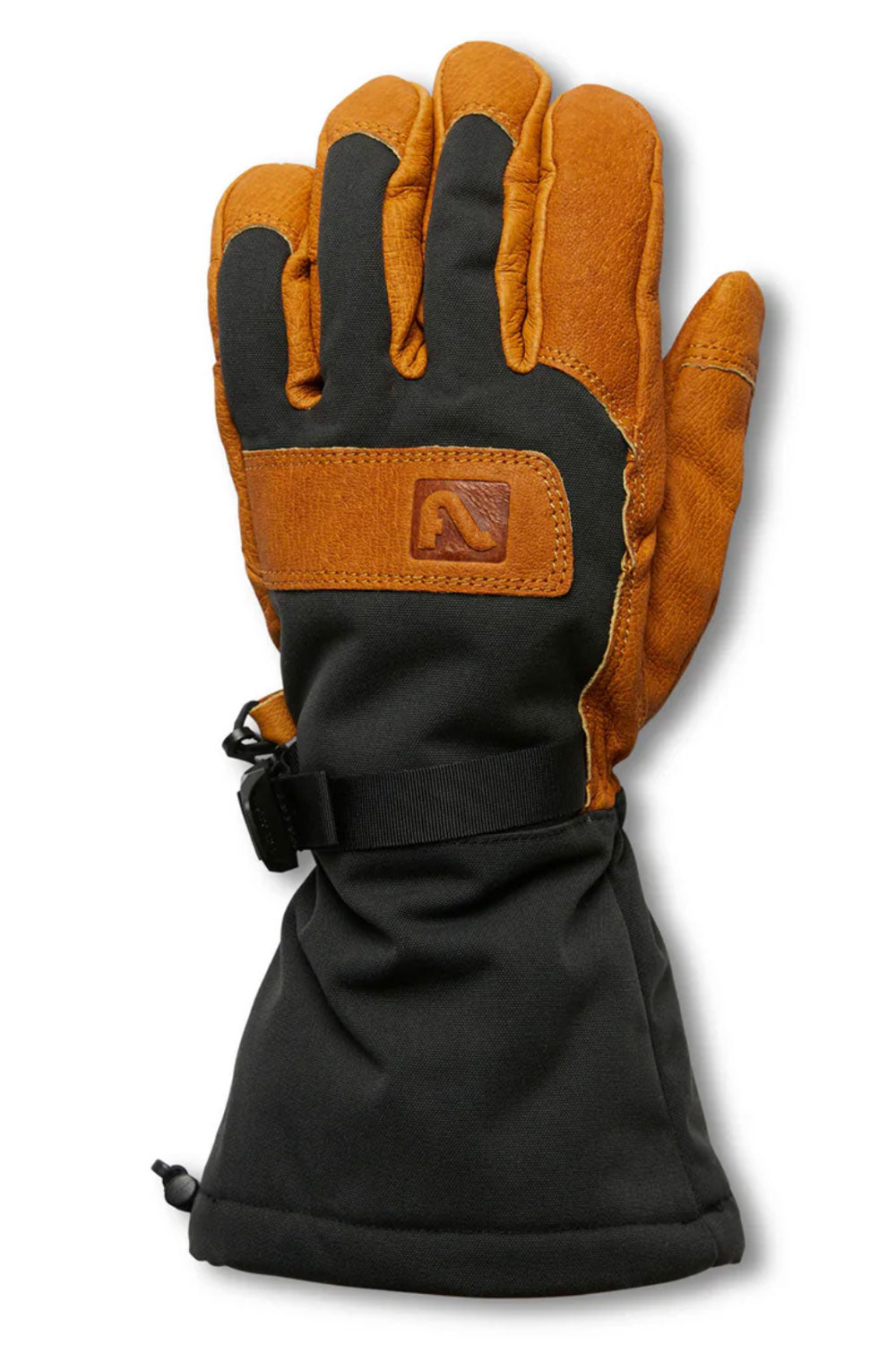 Black and brown glove with a brand logo on a white background